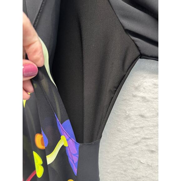 Women LS Black Floral Midi Dress 8 Boho Sheer Lined Quiet Luxury Asymmetric - Picture 11 of 13